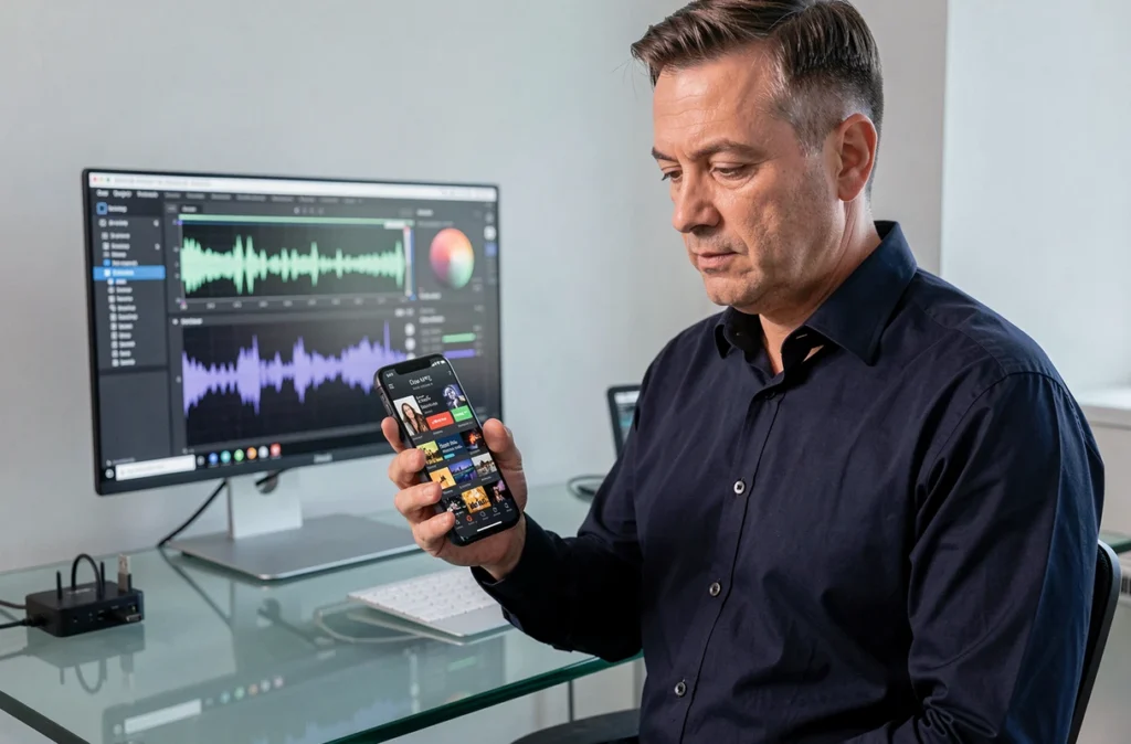 Homme consultant sa bibliothèque de fichiers MP3 convertis depuis YouTube sur smartphone dans un bureau technologique moderne