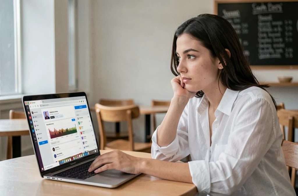 Jeune femme comparant un outil en ligne et un logiciel convertisseur MP3 depuis YouTube sur son ordinateur portable dans un café