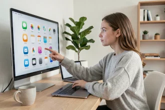 Jeune femme en home office comparant des outils de centralisation de liens sur un grand écran d'ordinateur