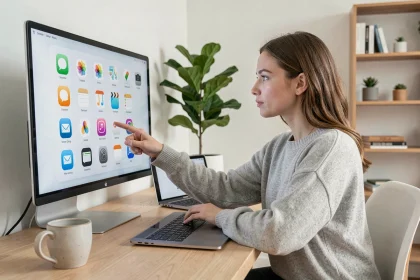 Jeune femme en home office comparant des outils de centralisation de liens sur un grand écran d'ordinateur