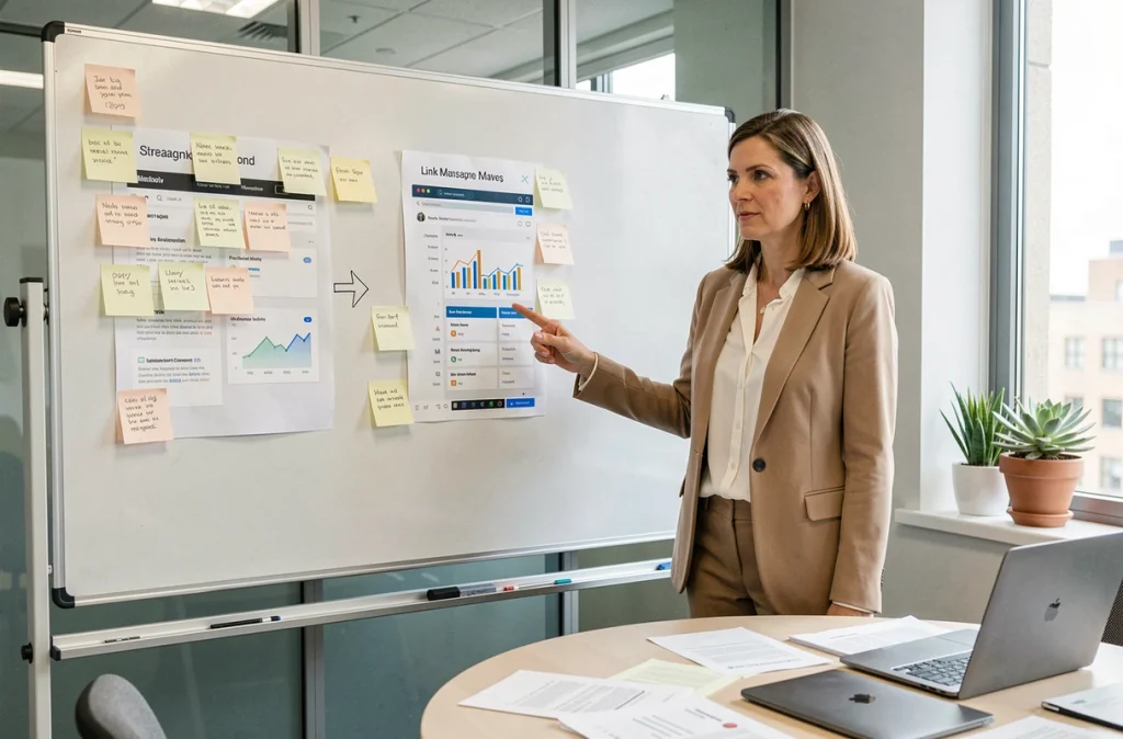 Femme en réunion comparant deux plateformes de gestion de liens devant un tableau blanc avec des captures d'écran