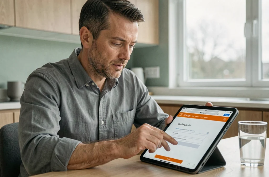 Homme d'âge mûr configurant une nouvelle adresse mail Orange sur une tablette dans une cuisine moderne