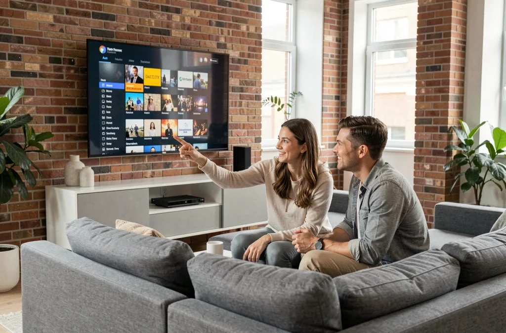 Couple explorant le guide TV et les fonctions avancées de l'application SFR TV sur grand écran connecté