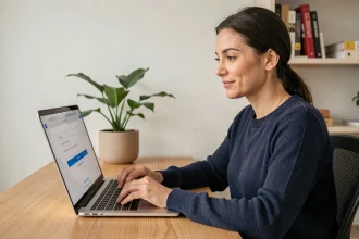 Femme créant une boîte mail Orange sur son ordinateur portable dans un bureau à domicile bien organisé