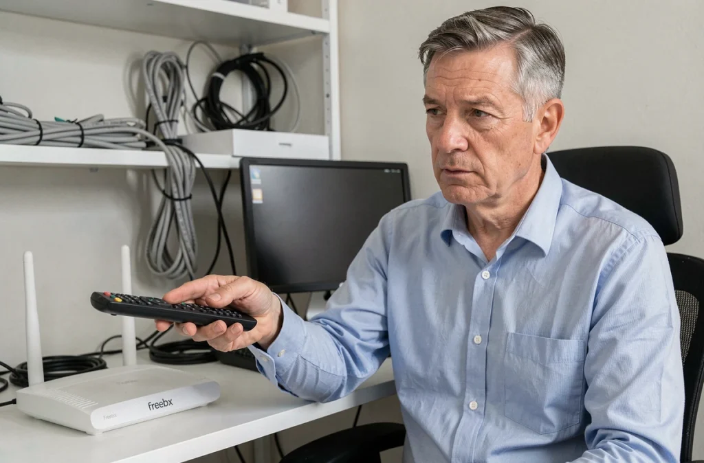 Homme pointant sa télécommande Free vers le décodeur Freebox pour diagnostiquer un problème