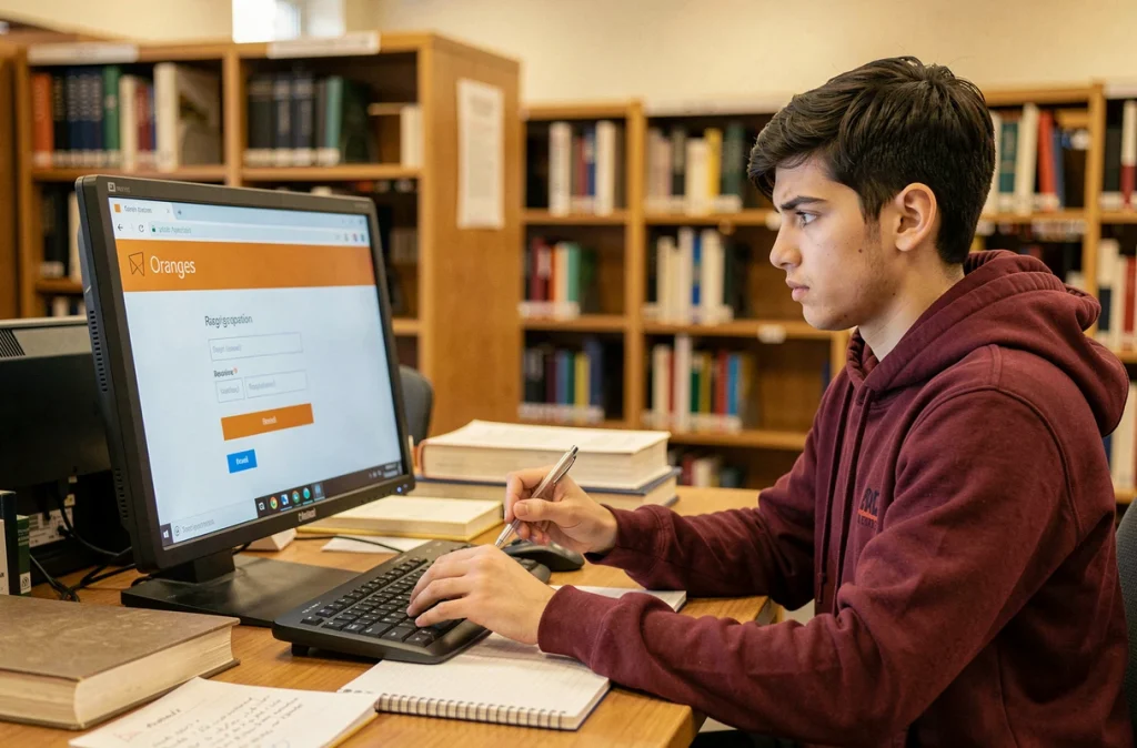 Étudiant créant une boîte mail Orange sur un ordinateur de bureau dans une bibliothèque universitaire