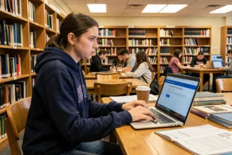 Étudiante frustrée devant une page d'erreur sur son ordinateur portable dans une bibliothèque universitaire, illustrant une panne d'intranet universitaire