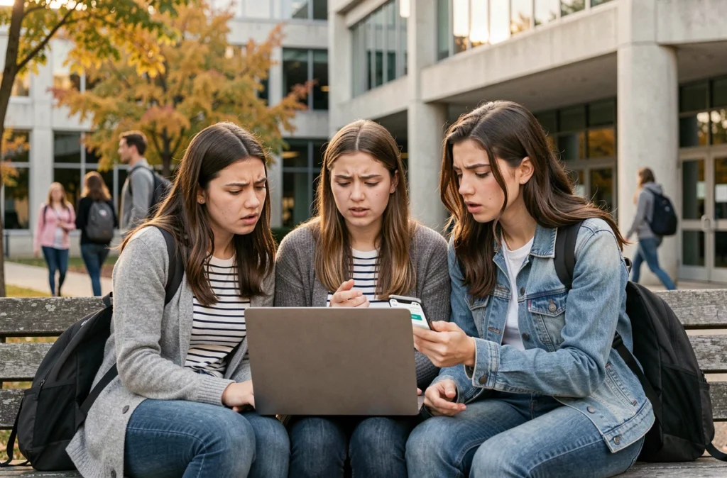 Groupe d'étudiants en difficulté face à une panne de l'intranet universitaire, consultant leur téléphone et ordinateur sur un banc du campus