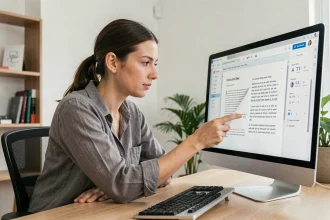 Femme analysant un compteur de caractères en français sur un écran d'ordinateur de bureau moderne