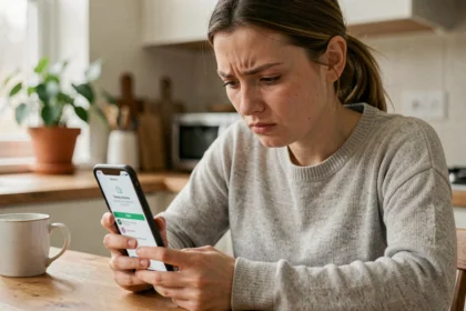 Femme frustrée regardant une notification de stockage plein sur son smartphone dans une cuisine moderne