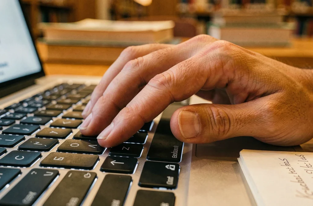 Gros plan sur une main pressant la touche flèche droite d'un clavier d'ordinateur portable pour améliorer la productivité