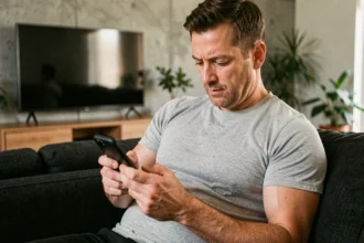 Homme utilisant l'application SFR TV sur smartphone dans son salon moderne avec télévision en arrière-plan
