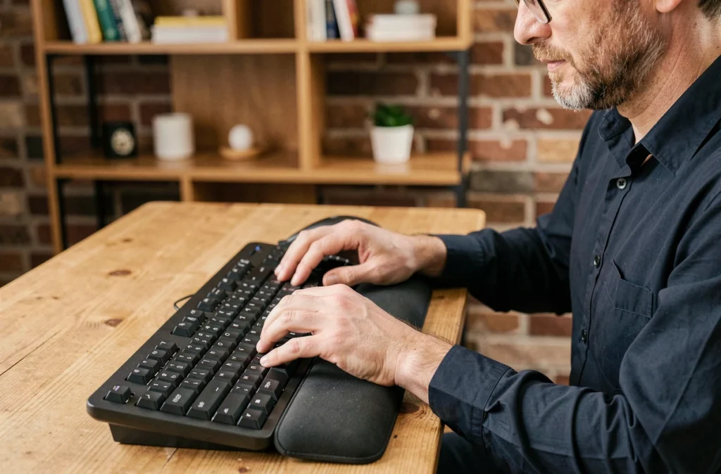 Homme travaillant avec un clavier QWERTY ergonomique à hauteur optimale pour réduire la tension des poignets