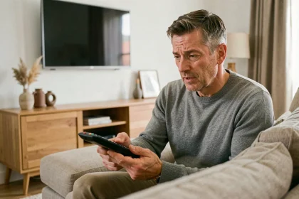 Homme tenant une télécommande Free et vérifiant son fonctionnement dans un salon moderne