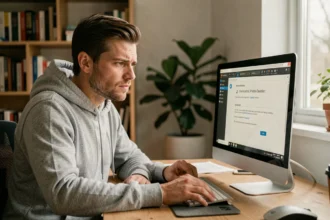 Homme installant un logiciel convertisseur YouTube MP3 gratuit sur son ordinateur de bureau en 2026