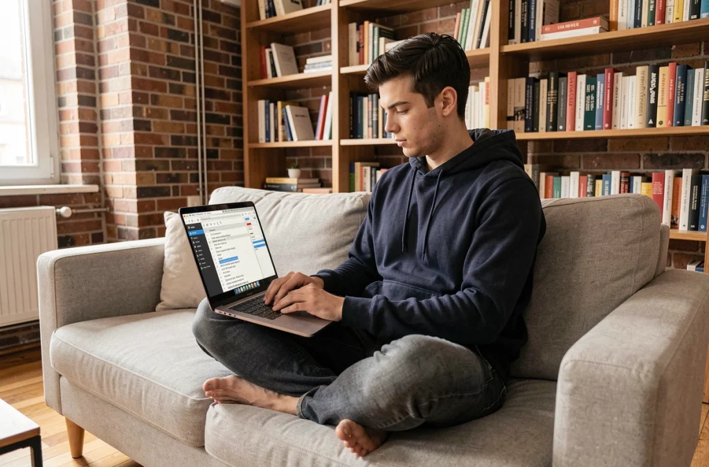 Jeune homme utilisant un outil de comptage de caractères en français sur son ordinateur portable à domicile