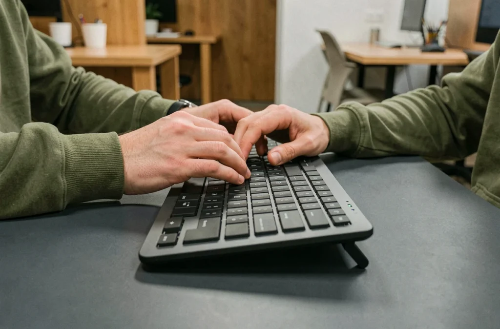 Gros plan sur les mains posées sur un clavier QWERTY ergonomique incliné dans un espace de coworking
