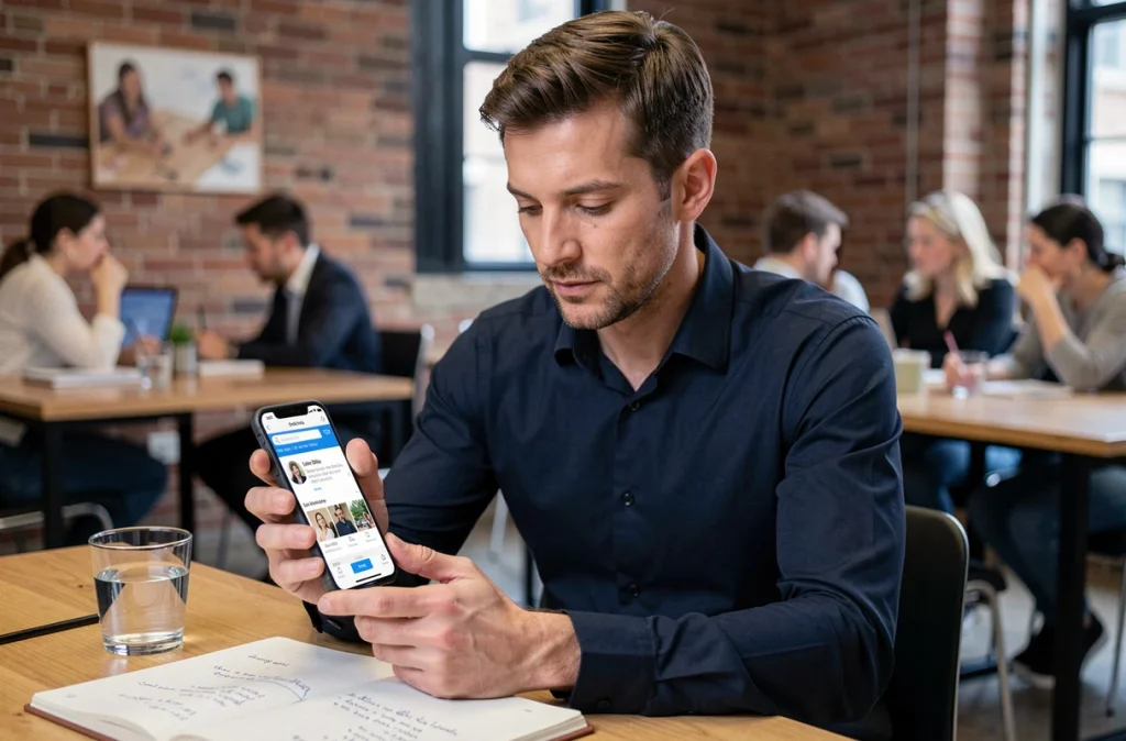 Homme en espace de coworking consultant une page de centralisation de liens sur son smartphone