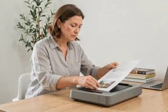 Femme plaçant un document papier sur un scanner à plat pour préparer un OCR de qualité