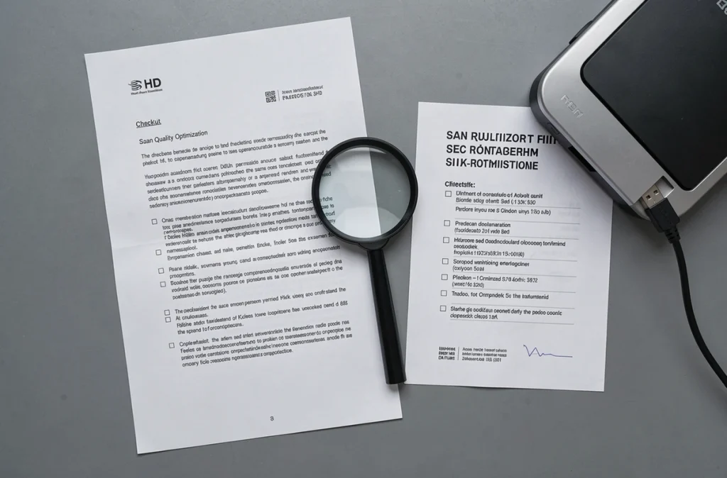 Vue aérienne d'un document scanné avec loupe et checklist pour optimiser la qualité avant conversion OCR en PDF