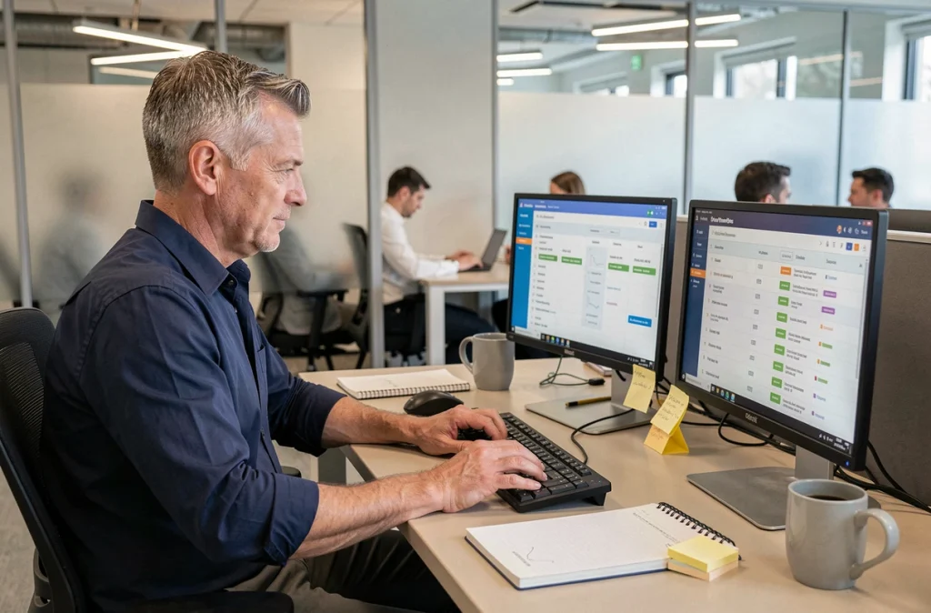 Homme en open space utilisant un raccourci clavier flèche pour naviguer dans un outil de gestion de projet professionnel
