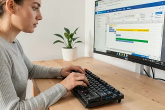 Femme utilisant les touches fléchées du clavier pour naviguer efficacement dans un tableau Excel en télétravail