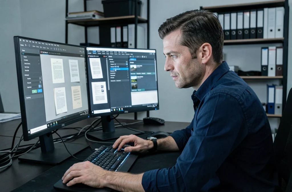 Professionnel ajustant les paramètres OCR sur un logiciel de conversion PDF sur double écran
