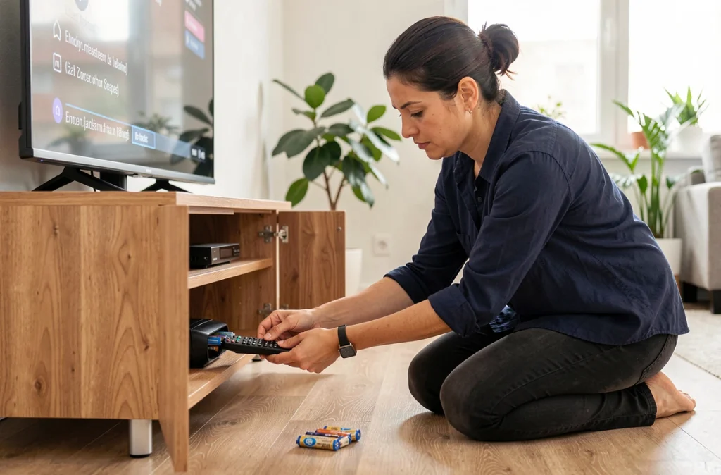 Femme remplaçant les piles d'une télécommande Free devant sa télévision