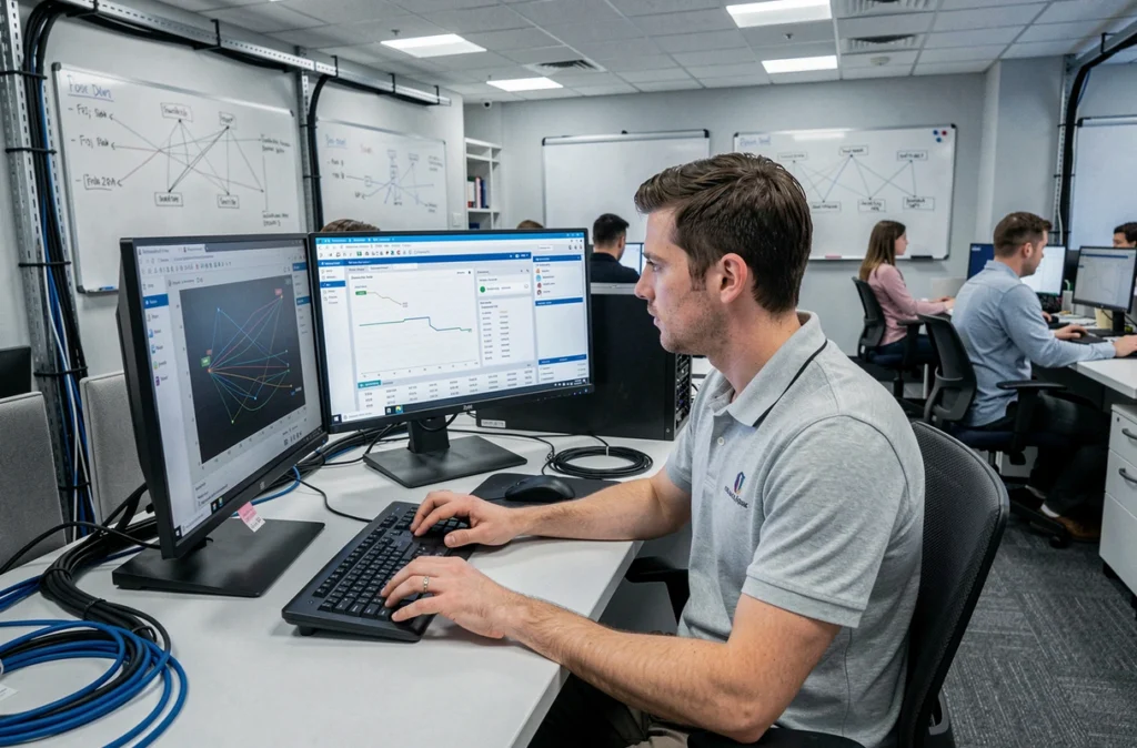 Technicien informatique universitaire analysant des pannes réseau sur des écrans de diagnostic dans un bureau d'assistance technique
