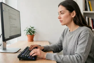 Femme en télétravail utilisant un raccourci clavier sur un bureau minimaliste à domicile