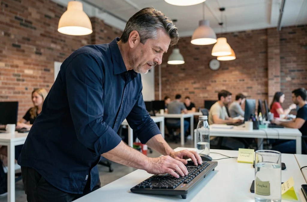 Homme en télétravail debout utilisant un raccourci clavier couper dans un espace de coworking