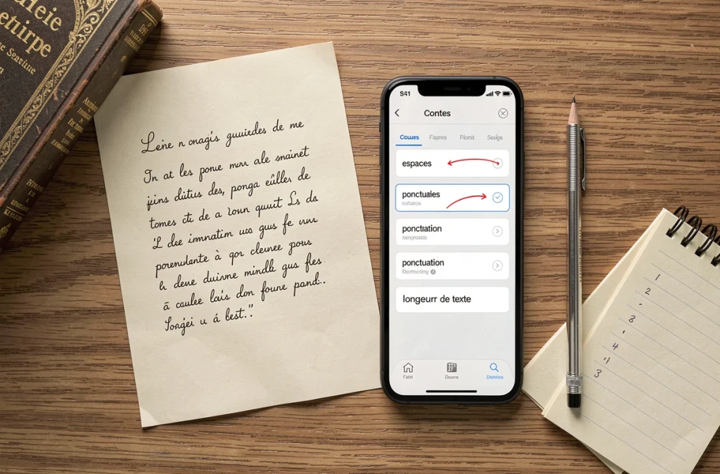 Vue aérienne d'un bureau avec un smartphone affichant un compteur de caractères en français et une lettre manuscrite