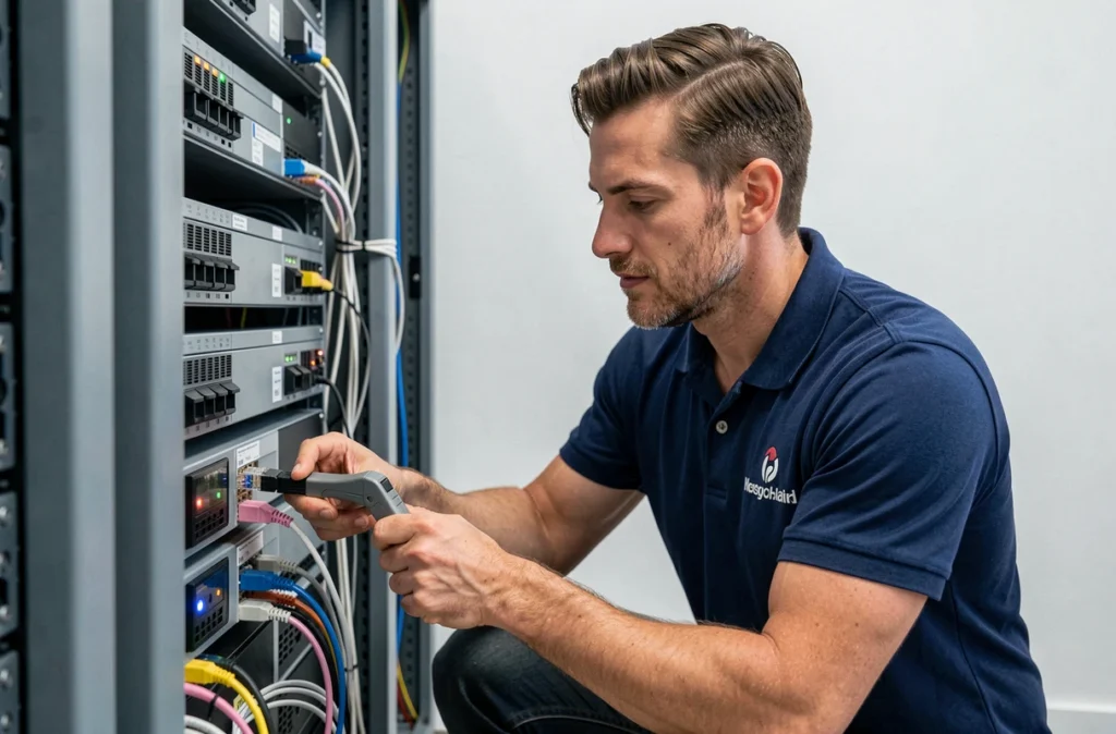 Technicien informatique ADP88 installant des câbles réseau dans une salle serveur