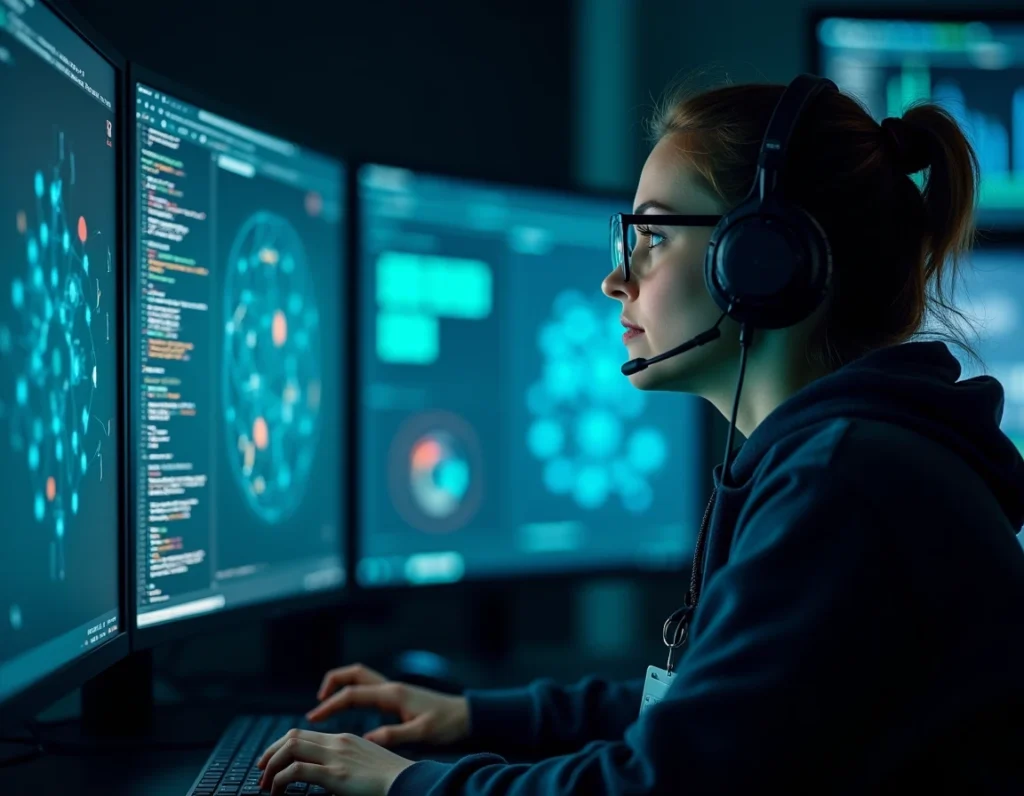 Analyste en cybersécurité chez Anopixel surveillant des menaces informatiques sur des écrans