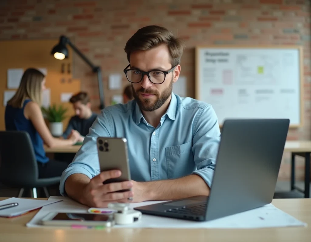 Développeur d'Aquilapp testant une application mobile sur smartphone dans un studio tech moderne