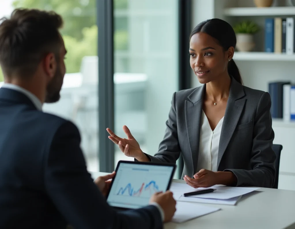 Consultante d'Ayinedjimi Consultants présentant une feuille de route IT à un client