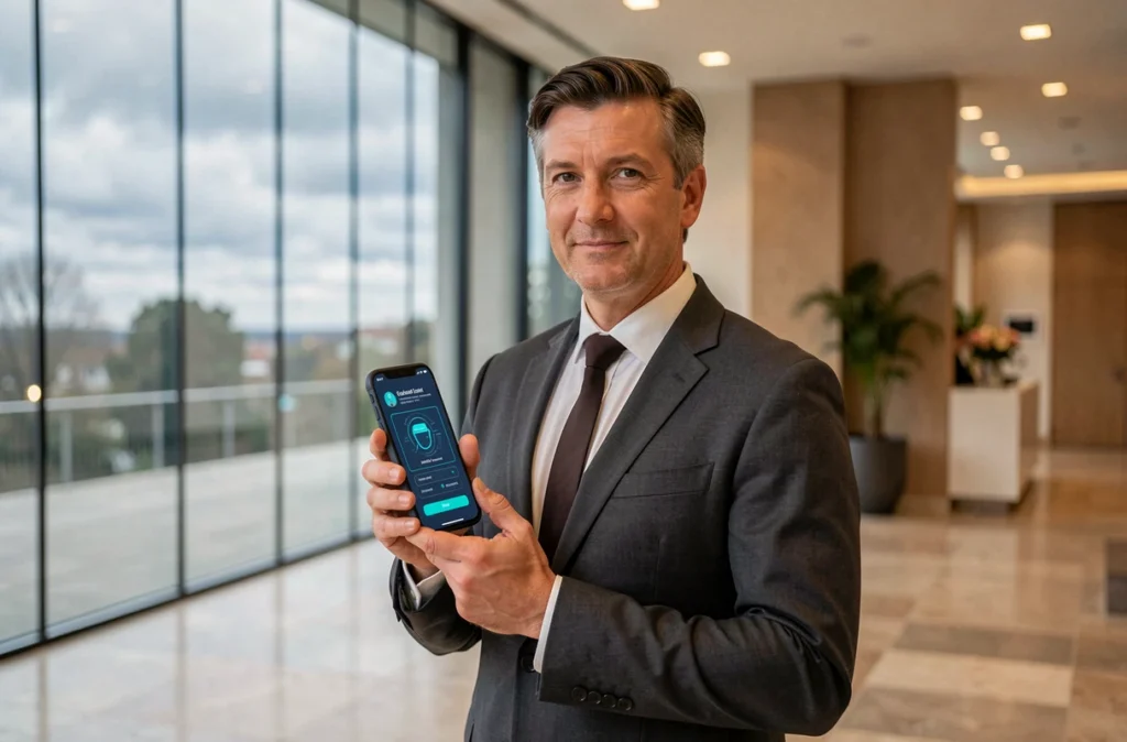 Consultant de Clé d'Identité Numérique présentant une interface d'authentification et de vérification biométrique sur smartphone
