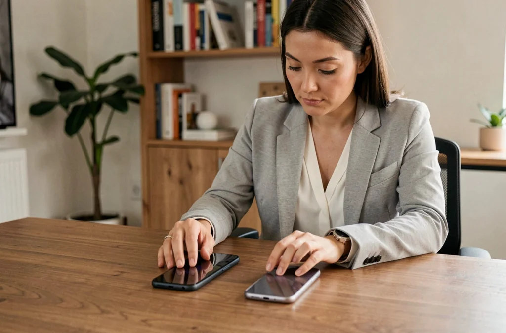 Femme comparant deux Google Pixel 8 Pro côte à côte sur un bureau pour choisir la capacité de stockage idéale