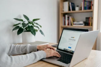 Femme frustrée devant une erreur de connexion sur son compte MyArkevia depuis un ordinateur portable