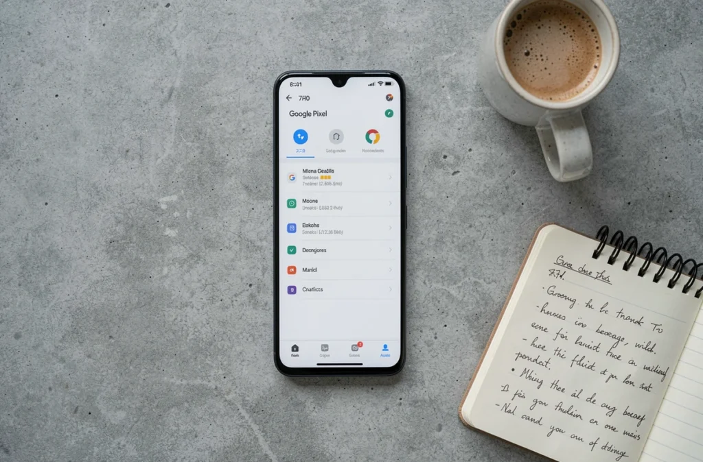 Vue en plongée d'un Google Pixel 8 Pro posé sur une surface en béton avec un carnet de notes pour comparer les capacités de stockage