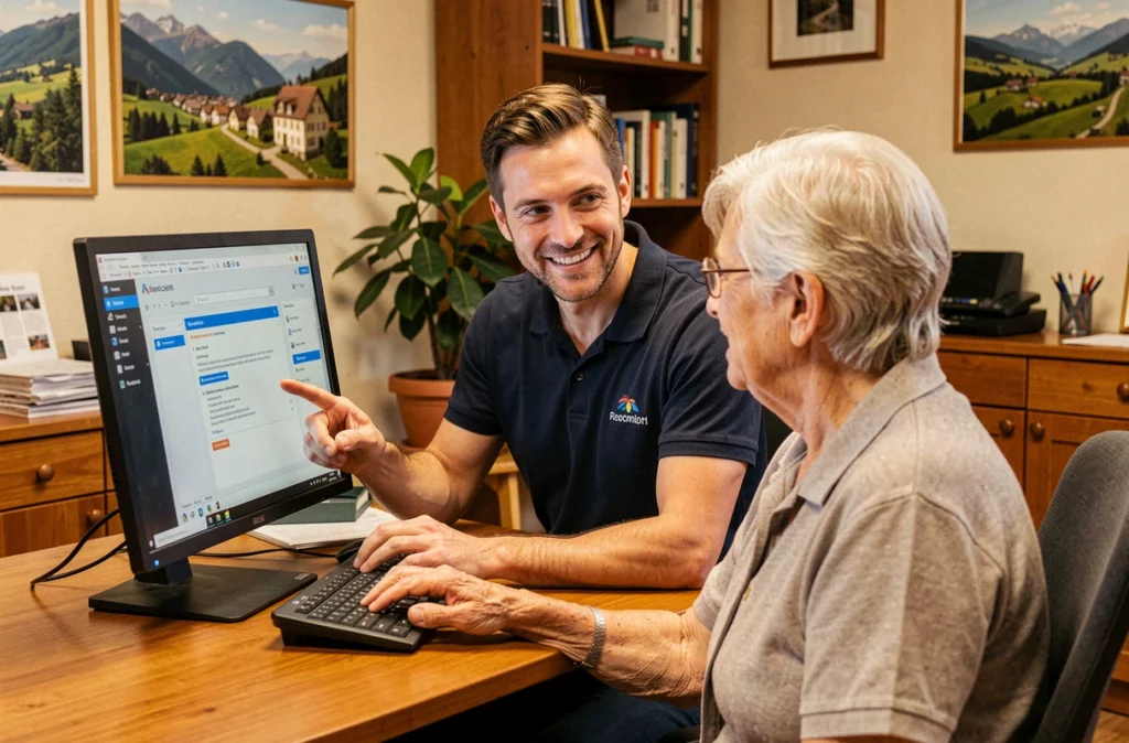 Technicien de Genevois Informatique aidant un client local avec son ordinateur de bureau