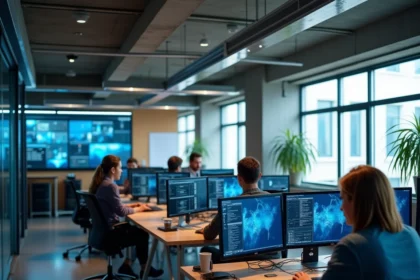 Équipe informatique dans un bureau moderne du Grand Est, spécialisée en infogérance
