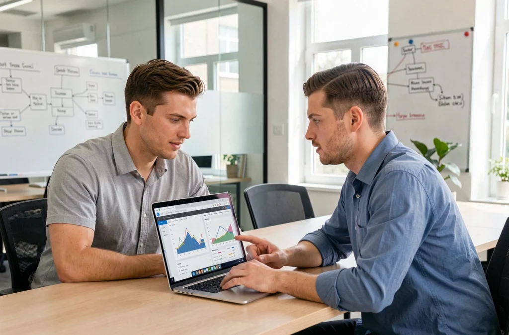 Deux experts de Koddex collaborant sur des résultats de tests d'intrusion et d'audit de sécurité dans un espace de coworking