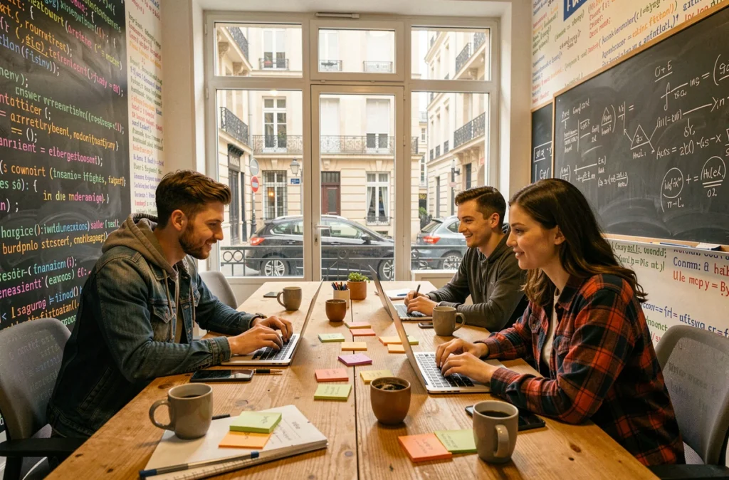 Développeurs des Entrecodeurs en session de codage collaboratif dans un espace de coworking