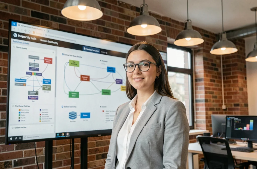Ingénieure réseau de Nomios présentant des diagrammes de sécurité et de conformité dans un bureau moderne