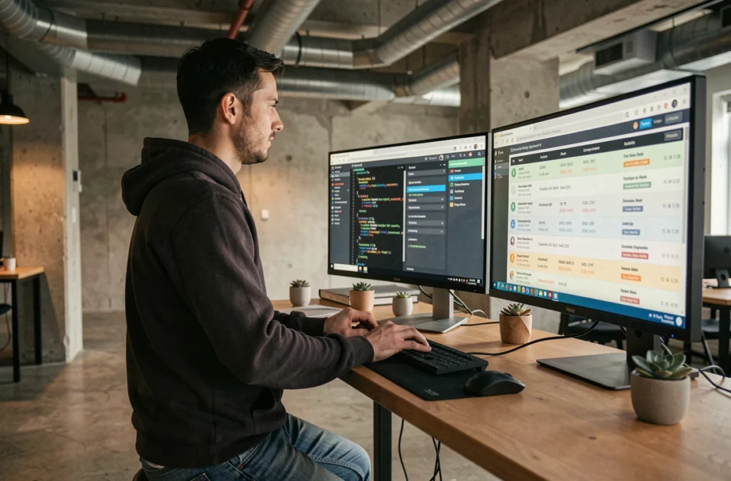 Développeur d'OpenCVE travaillant sur une interface open source de suivi des vulnérabilités CVE dans un espace de travail tech