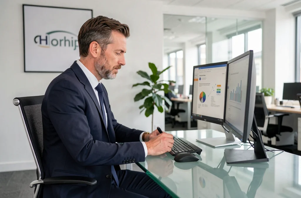 Consultant en cybersécurité de Prégérance analysant un rapport de gestion des risques informatiques dans un bureau professionnel