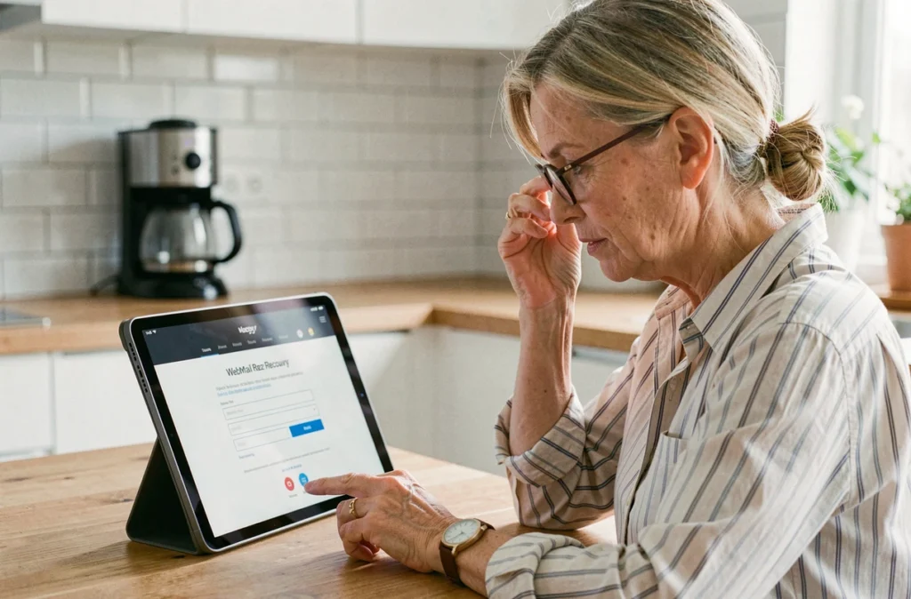 Femme consultant la page de récupération de son compte webmail 72 sur une tablette dans sa cuisine