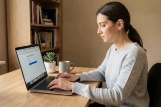 Femme récupérant l'accès à son compte webmail 72 sur un ordinateur portable depuis son bureau à domicile