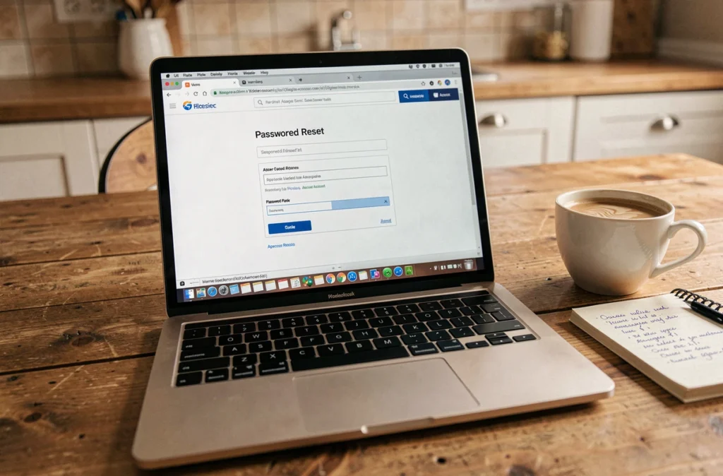 Écran d'ordinateur affichant un formulaire de réinitialisation de mot de passe pour un compte sécurisé en ligne, posé sur une table de cuisine